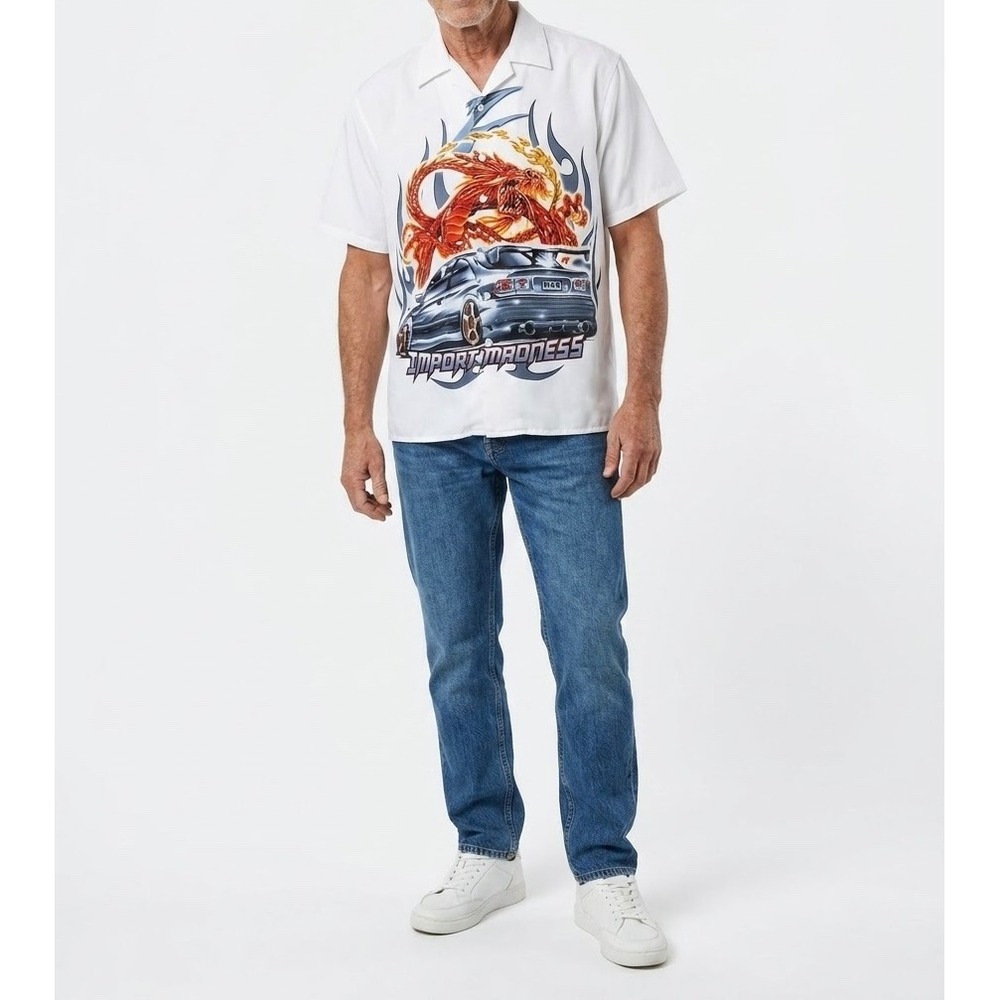 BIG BROTHER Import Madness Dragon Car Graphic Button Down Shirt White Mens L